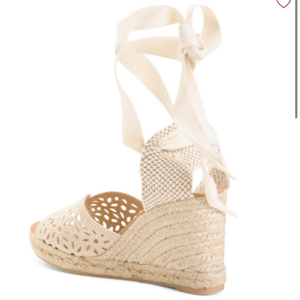 Maypol NEW Crochet Espadrille Wedge Sandals Peep Toe Ankle Wrap Cream Size 41 - Picture 2 of 13